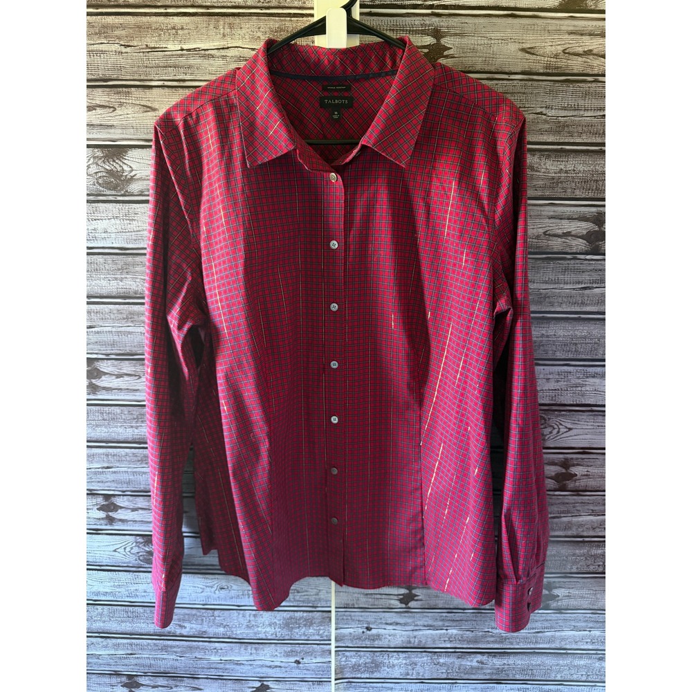Talbots Women's Long-Sleeved Button-Down Top Size 16 Red Paid Metallic